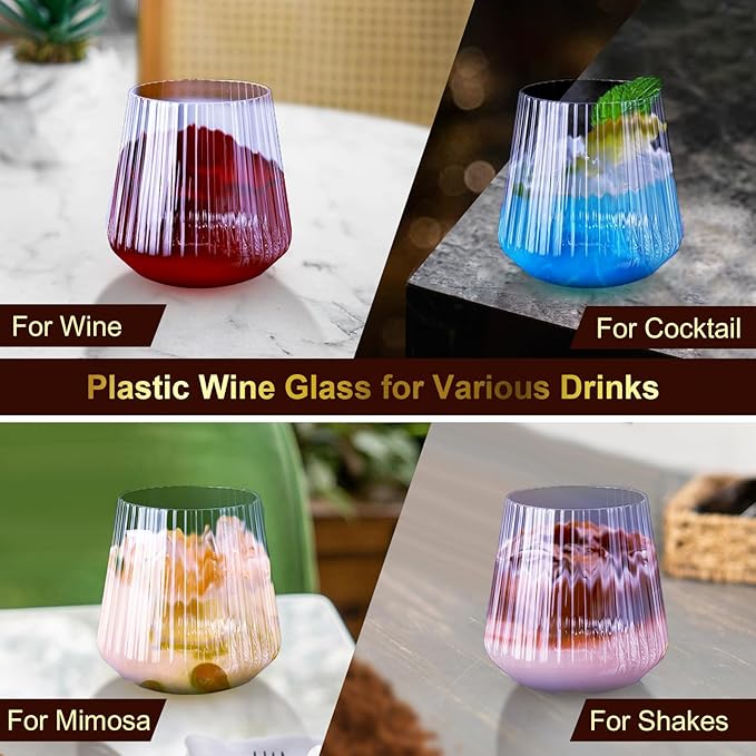 Lueumxc 40 Pack Plastic Ribbed Wine Glasses, 14Oz Origami Disposable Wine Glasses Unbreakable Clear Plastic Cocktail Glasses Recyclable Shatterproof Reusable Wine Cups (14oz-blue-40pack)