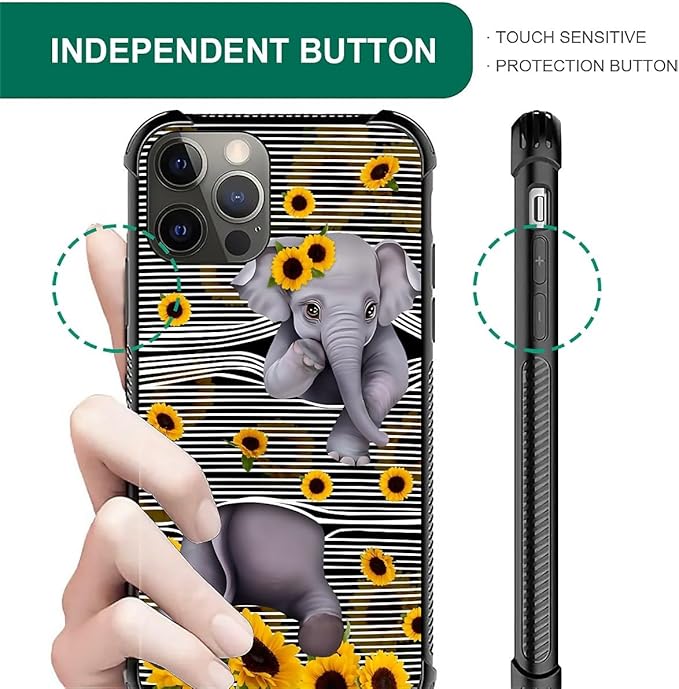 for iPhone 11 Pro Case, Cute Little Elephant Sunflower White Line Art Pattern Made of Soft Silicone Hard Acrylic Shock Protection for iPhone 11 Pro