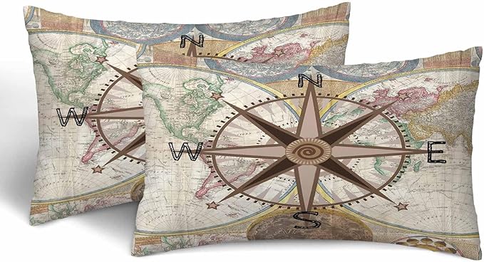 Nautical Compass Throw Pillow Covers 12 X 20 Historical World Map Earth Exploration Vintage Set of 2 Pillow Cases Velvet Outdoor Pillowcases Decorative for Home Bed Sofa Couch Hotel