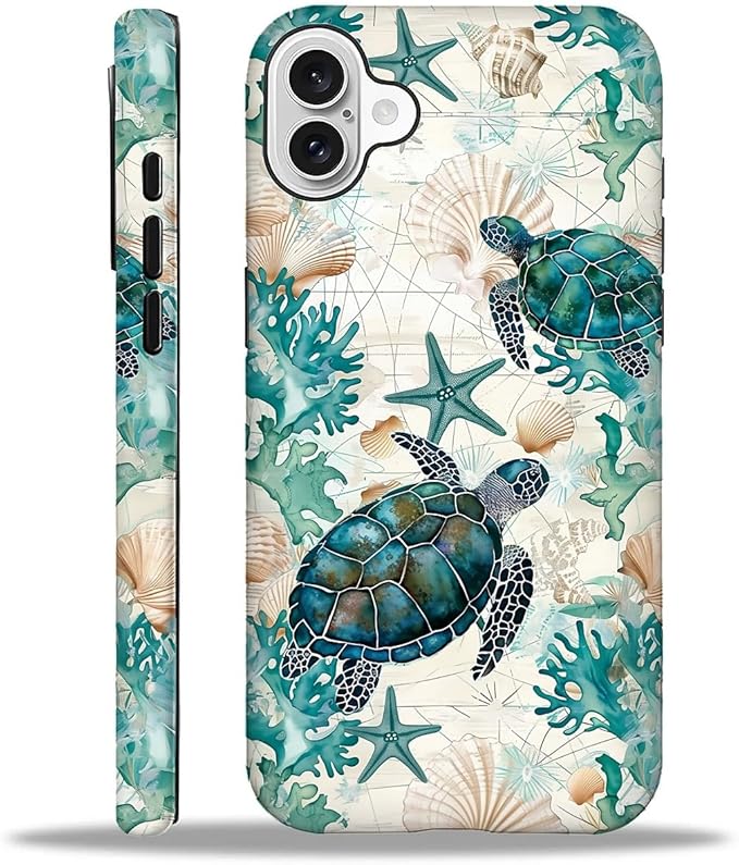 for iPhone 16 Plus Case,HH2 Ocean Sea Turtle Nautical Map Hybrid 2 Layer Hard Shell Silicone Protective Pattern Design Case