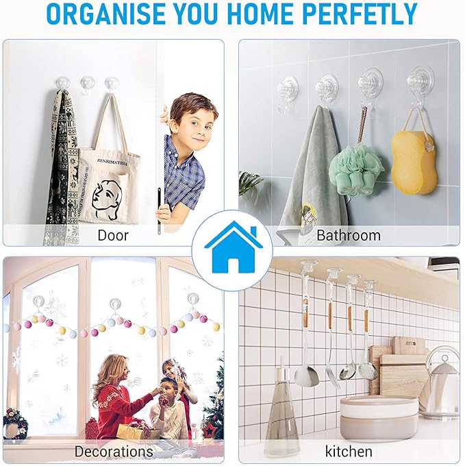 Quntis Suction Cup Hooks 4 Pack, Multi-Purpose Clear Shower Suction Hooks Waterproof Heavy Duty Wreath Hanger for Bathroom, Window, Towel, Shower Wall, Tile, Glass Door, Camper