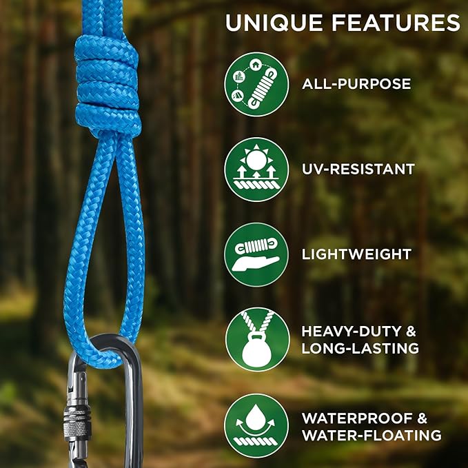 TECEUM Rope – 90 Feet x 3/8 Inch (10mm) – Sky Blue – Strong All-Purpose Utility Rope – Camping, Crafting, Flag Pole, Indoor & Outdoor – Polypropylene Nylon Poly Lightweight Diamond Braided Cord