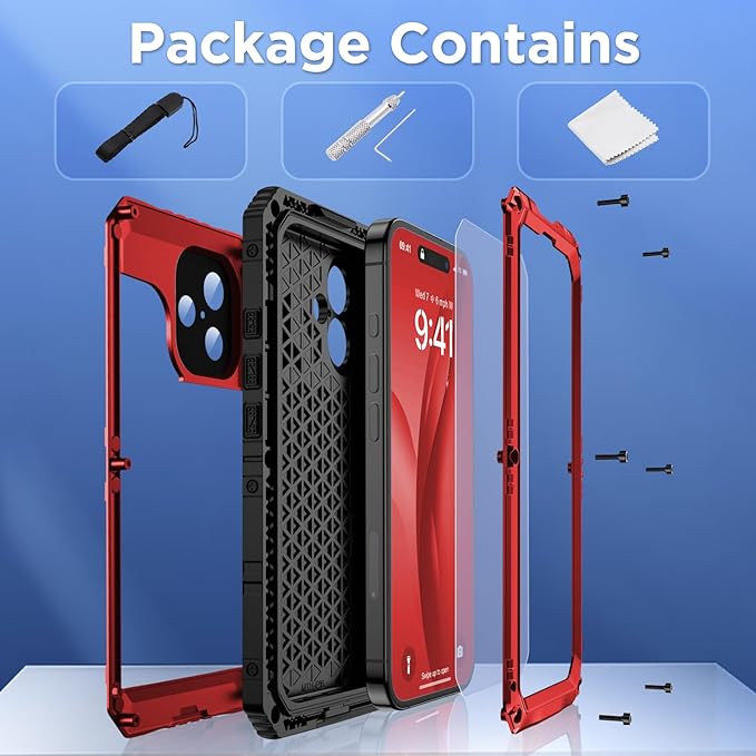 Mitywah Waterproof Case for iPhone 16, Shockproof Heavy Duty Case with Built-in Screen Protector, Underwater Full Body Protective Metal Case 6.1 inch, Red