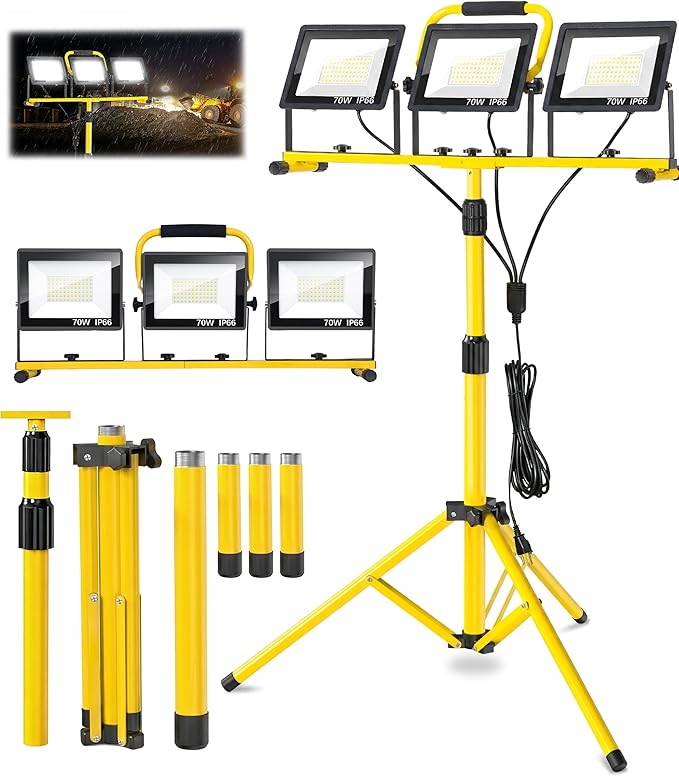 21000 LM LED Work Light with Stand, 3-Head Adjustable Portable Tripod Light with Individual Switches, IP66 Waterproof, 16.4FT Cord for Garage Workshop Job Site Construction Indoor Outdoor Lighting