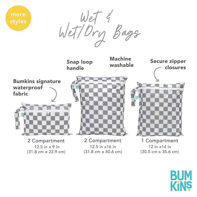 Bumkins Waterproof Wet Dry Bag for Baby, Travel, Swim Suit, Cloth Diapers, Pump Parts, Pool, Beach, Gym Clothes, Toiletry, Hook to Stroller, Daycare, Zipper Reusable Wetdry Packing Pouch, Beige Check