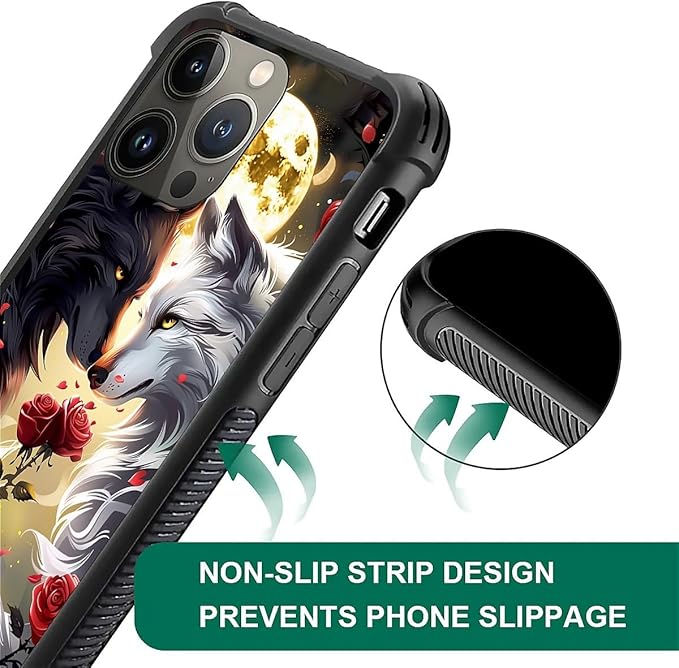 for iPhone 14 Pro Max Case, Black White Wolf Moon Flower Rose Pattern Graphic Design Girl Boy Soft Silicone Hard Acrylic Shock Protection for iPhone 14 Pro Max