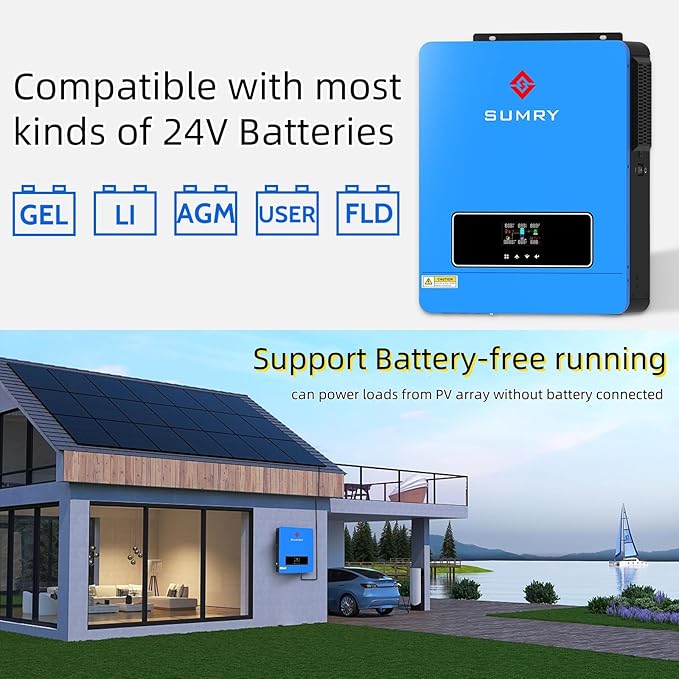 SUMRY Solar Inverter Charger, 3600W DC 24V to AC 110V Hybrid Voltage Converter with 120A MPPT Charge Controller, Pure Sine Wave Power for Battery-Less or AGM Lithium Battery Home Energy System