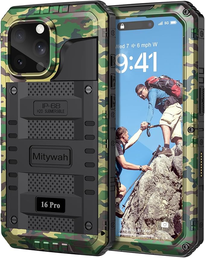 Mitywah Waterproof Case for iPhone 16 Pro, Shockproof Heavy Duty Case with Built-in Screen Protector, Underwater Full Body Protective Metal Case 6.3 inch, Camouflage