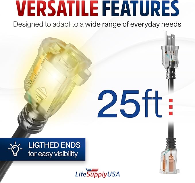 25ft Outdoor/Indoor Extension Cord 10/3 Gauge Ultra Heavy Duty 3 Prong SJTW, Waterproof, Flexible Cold-Resistant Long Power Cord,15A 125V 1875W, Black by LifeSupplyUSA