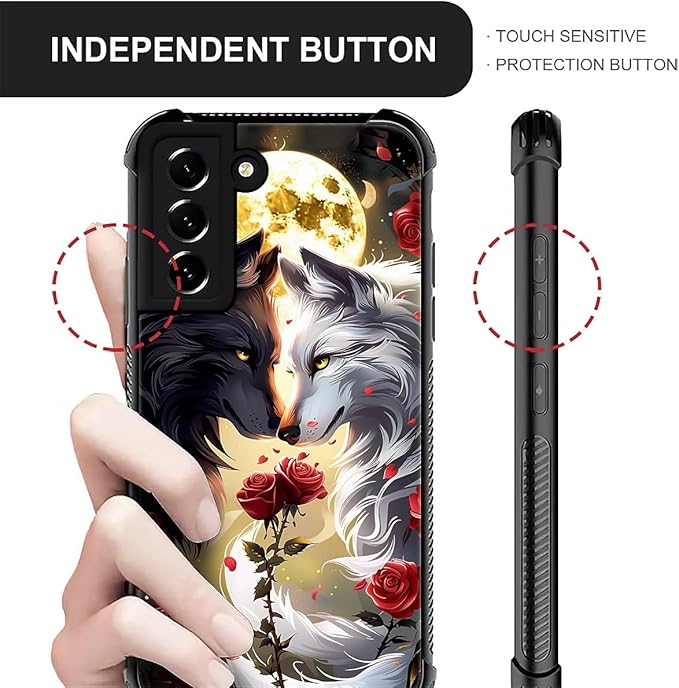 for Samsung Galaxy S21 FE Case, Black White Wolf Moon Flower Rose Pattern Graphic Design Girl Boy Soft Silicone Hard Acrylic Shock Protection for Samsung Galaxy S21 FE