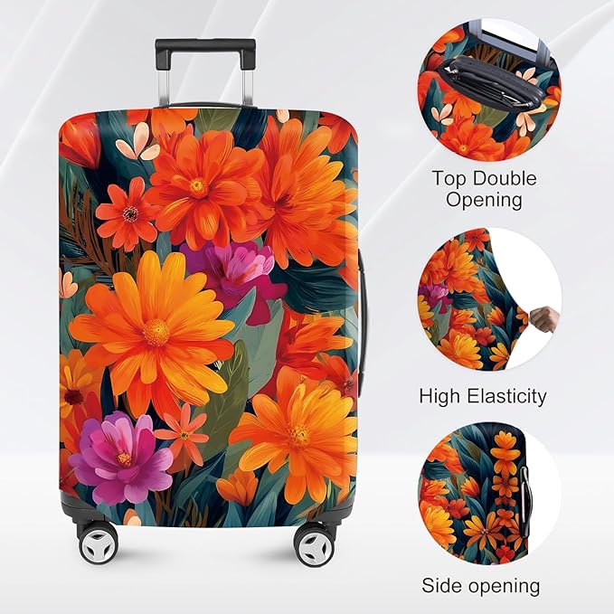 ANNA QUEEN Boho Floral Luggage Cover,Spring Orange Flower Pattern Suitcase Protector,Stretchable,Washable & Water Resistant, Universal Fit for 20-22 Inch Checked Baggage