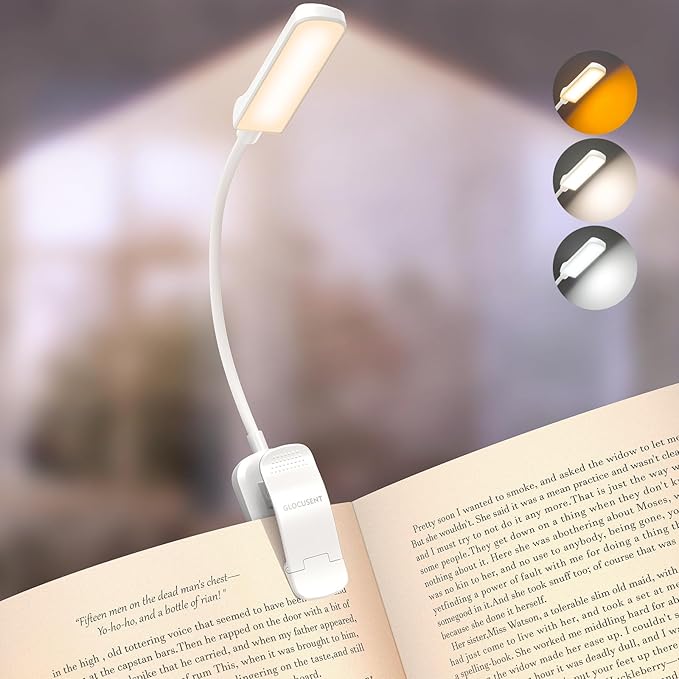 Glocusent 13 LEDs Book Lights for Reading at Night, 120 Hrs Runtime Rechargeable Reading Light, Eye Caring 3 Colors & 5 Stepless Dimming Brightness 3–60LM, Flexible Clip on Light for Book Lovers Kids
