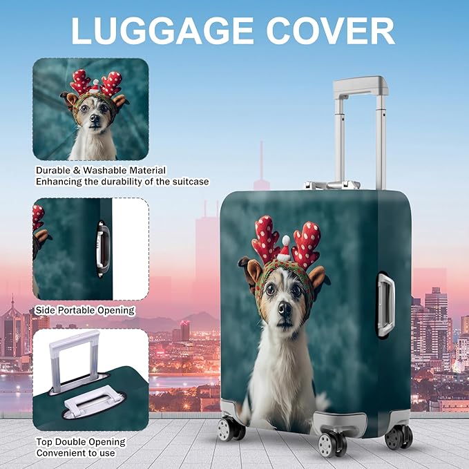 ANNA QUEEN Christmas Dog Luggage Cover, Cute Puppy with Reindeer Antlers Suitcase Protector, Washable Stretchable Travel Sleeve for 28-30 Inch Luggage