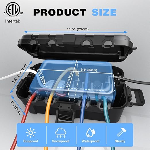 Flemoon [2 Pack] Outdoor Electrical Box Waterproof, Medium Weatherproof Electrical Box (11.5x5.2x4 inch) w/6 Cable Entry Ports, Extension Cord Cover for Power Strip, Timer, Plug, Holiday Light, Black
