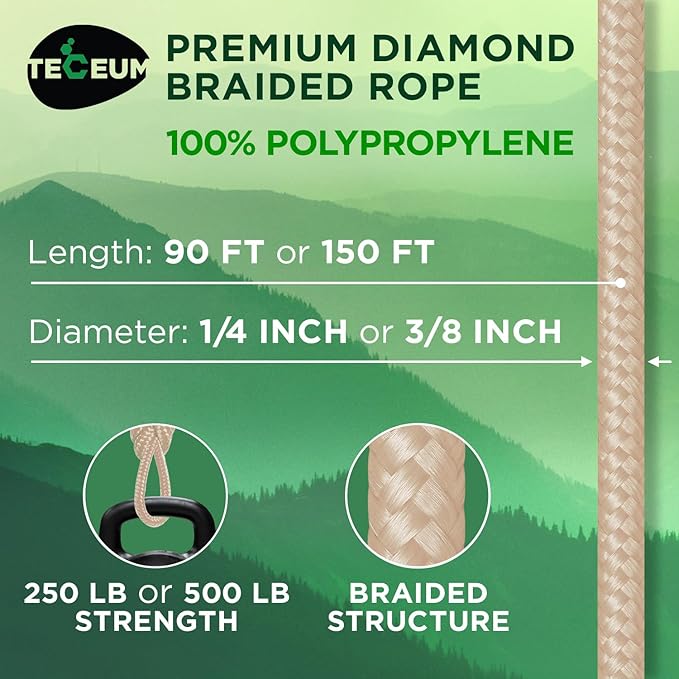 TECEUM Rope – 150 Feet x 1/4 Inch (7mm) – Beige – Strong All-Purpose Utility Rope – Camping, Crafting, Flag Pole, Indoor & Outdoor – Polypropylene Nylon Poly Lightweight Diamond Braided Cord