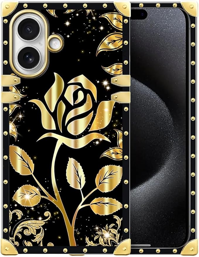 for iPhone 17 Case Luxury Golden Decoration for Girl Women Soft TPU Shockproof Protective Hard PC Back for iPhone 17 Crazy Pattern Shine Gold Rose