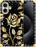for iPhone 17 Case Luxury Golden Decoration for Girl Women Soft TPU Shockproof Protective Hard PC Back for iPhone 17 Crazy Pattern Shine Gold Rose