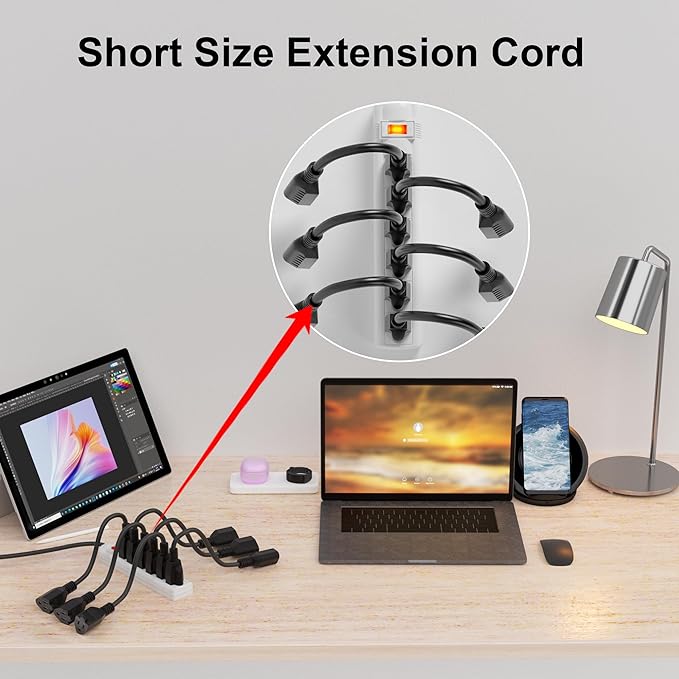 Short Extension Cord 1 Foot Black 5 Pack, 16/3 Gauge Indoor Power Extension Cable, 13A 125V 1625W 16AWG, 3 Prong Outlet Saver NEMA 5-15P to NEMA 5-15R, ETL Listed POWGRN