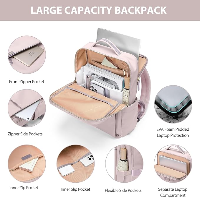 Laptop Backpack for Women, Work Business Traval Computer Backpacks with Laptop Compartment Waterproof Casual Daypack for Travel College,16Inch,Pinkish Grey
