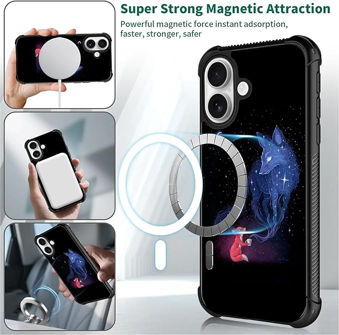 for iPhone 17 Case,for MagSafe Graphic Design for Girl Boy Soft Silicone Hard Acrylic Shock Protection Designed for iPhone 17 Galaxy Fox Wolf Pattern