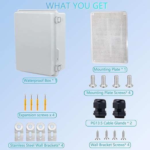 IP67 Waterproof Junction Box, ABS Plastic Electrical Enclosure with Stainless Steel Latch, Hinged Cover Electric Box with Mounting Plate, Wall Brackets & Cable Glands 370x270x150