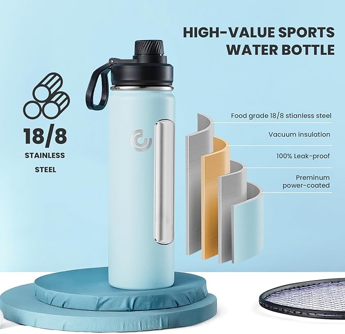 Sports Water Bottle 22oz, Insulated Water Bottle with Handle,Stainless Steel,Simple Modern,Suitable for Travel, School, Boy, Girl(FOG)