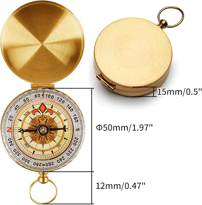Brass Pocket Compass with Luminous Dial, Golden Vintage Pocket Watch Style Compass, Sports Waterproof Navigation Maganetic Compass with Key Ring for Outdoors Camping Hiking Survival