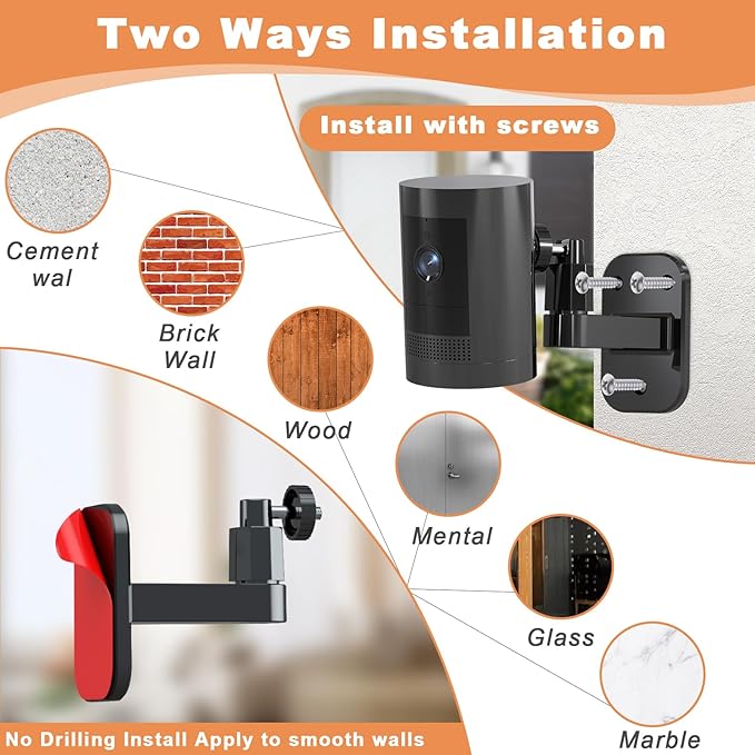 2Pack Camera Wall Mount,Compatible with Outdoor Cam Plus/Stick Up Cam Battery/Plug-in/Pro/Indoor Cam(1st Gen),360 Degree Adjustable No Drilling Mount for R/ing Outdoor Indoor Cameras,Black