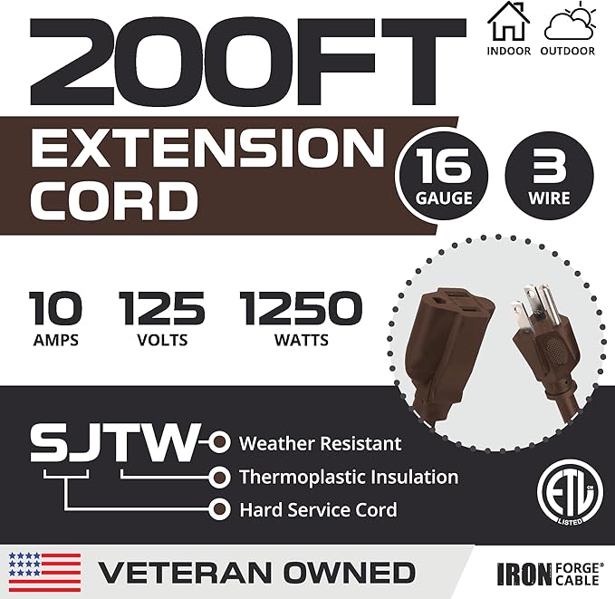 Iron Forge Cable Outdoor Brown Extension Cord 200 ft - 16 Gauge 10 Amp Heavy Duty Brown Outdoor Extension Cords 3 Prong - 16/3 SJTW Great for Outdoor