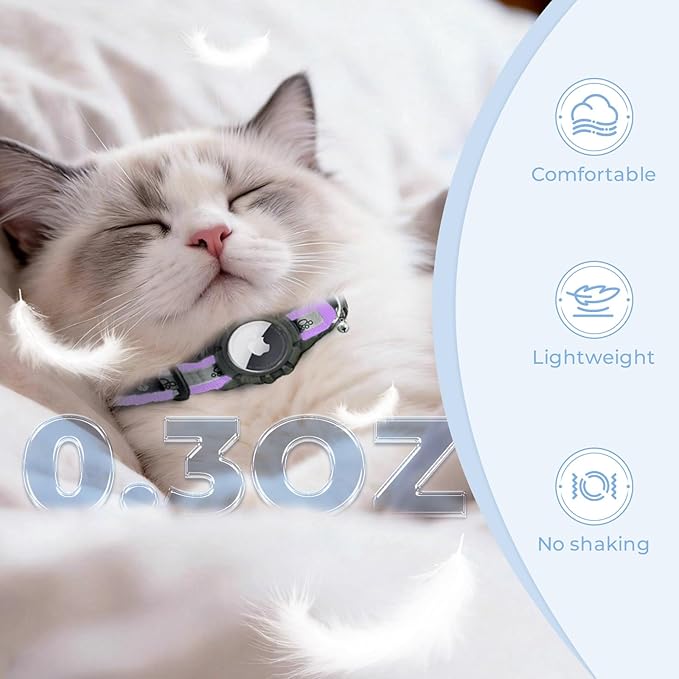 Breakaway AirTag Cat Collar, Reflective Cat Tracker Collar with Air Tag Holder and Bell, Safety Elastic Band Cat GPS Collars for Girl Boy Cats, Kittens and Puppies (Lilac, 8-13'')