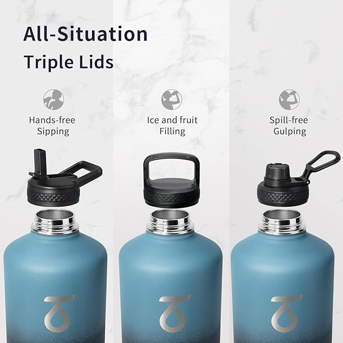 Trebo One Gallon Water Bottle Insulated with Paracord Handle,128oz Large Stainless Steel Water Jug,Vacuum Triple Wall Insulated 24hr Cold Retention,Leakproof Flask with 3 Lids,Indigo Black