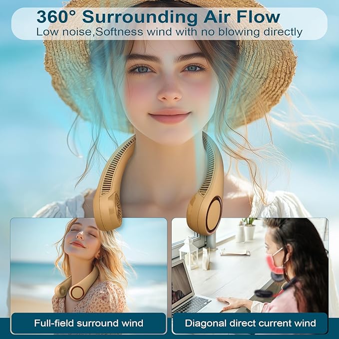CIVPOWER Neck Fan: Portable Personal Neck Cooling Rechargeable Bladeless Fan - Hands Free 3 Speed 4000 mAh Battery USB Operated Wearable Headphone Design - Gift for Men Women Outdoor (Orange)