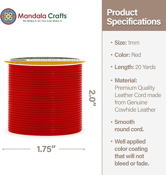 Mandala Crafts Round Cowhide Genuine Red Leather Cord for Jewelry Making Kumihimo Leather Rope Spool - Red String Lace - 20 Yds 1mm Cording