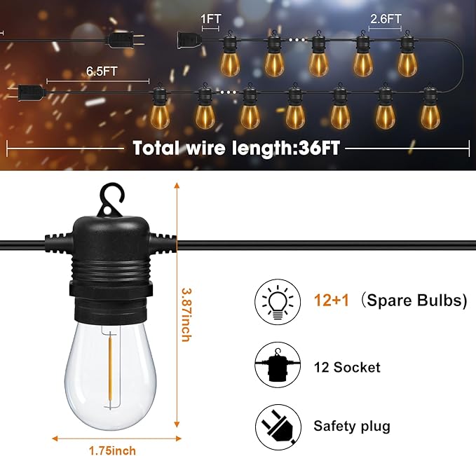 GvvooHome LED Outdoor String Lights 36FT Patio Lights with 13 Shatterproof S14 Replaceable Bulbs(1 Spare), Outside Hanging Lights Waterproof for Porch, Deck, Garden, Backyard, Balcony, 2700K Dimmable