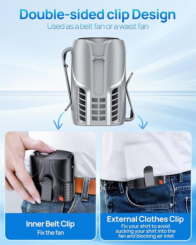 Portable Personal Waist Fan& Neck Fan, 14000RPM Brushless Motor, 40H Runtime Rechargeable, 6-Speed Quiet Operation, Clip-On Personal Body Cooling for Camping/Worksites/Outdoor