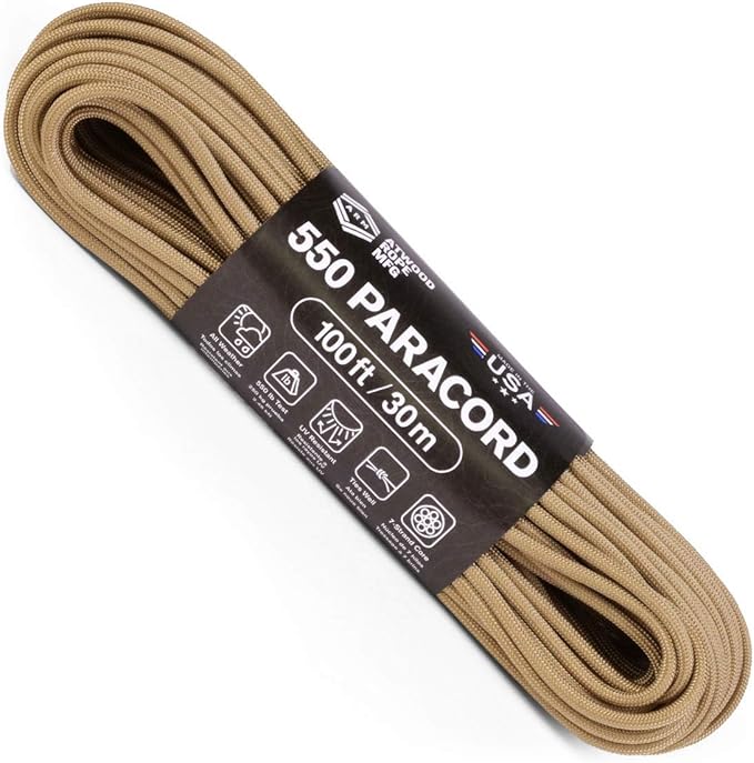 Atwood Rope MFG 550 Paracord 100 Feet 7-Strand Core Nylon Parachute Cord Outside Survival Gear Made in USA | Lanyards, Bracelets, Handle Wraps, Keychain (Tan)