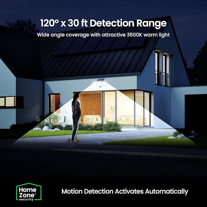 Home Zone Security 2 Packs Solar Flood Lights Outdoor Motion Sensor 120 Degrees Wide Angle, Waterproof Powered for Garden Yard Pathway, 3500K Warm White 1000 Lumens, Adjustable Triple Head No Wiring
