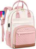 Laptop Backpack for Women Work Bag - 15.6 inch Travel Backpack Purse with USB Charger College Bookbag Waterproof Cute Casual Daypack Fashion Business Computer Backpacks for Teacher Nurse Pink Beige