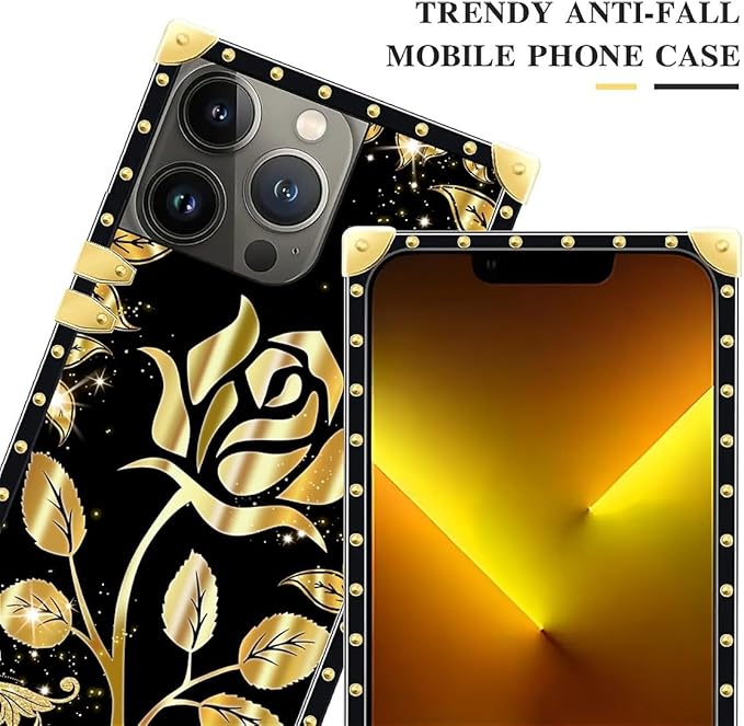 Compatible with iPhone 13 Pro Max Case, Shine Gold Rose Luxury Golden Decoration for Girl Women Soft TPU Shockproof Protective Hard PC Back for iPhone 13 Pro Max
