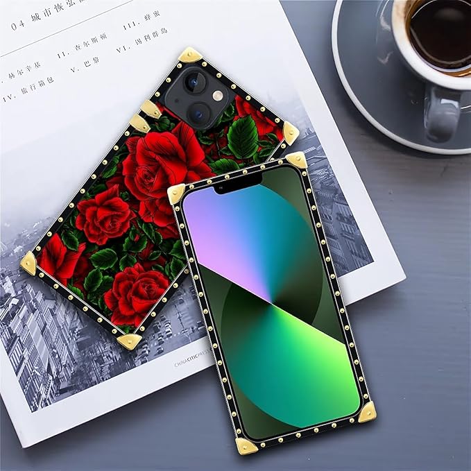 Compatible with iPhone 13 Case, Vector Red Rose Green Leaf Luxury Golden Decoration for Girl Women Soft TPU Shockproof Protective Hard PC Back for iPhone 13