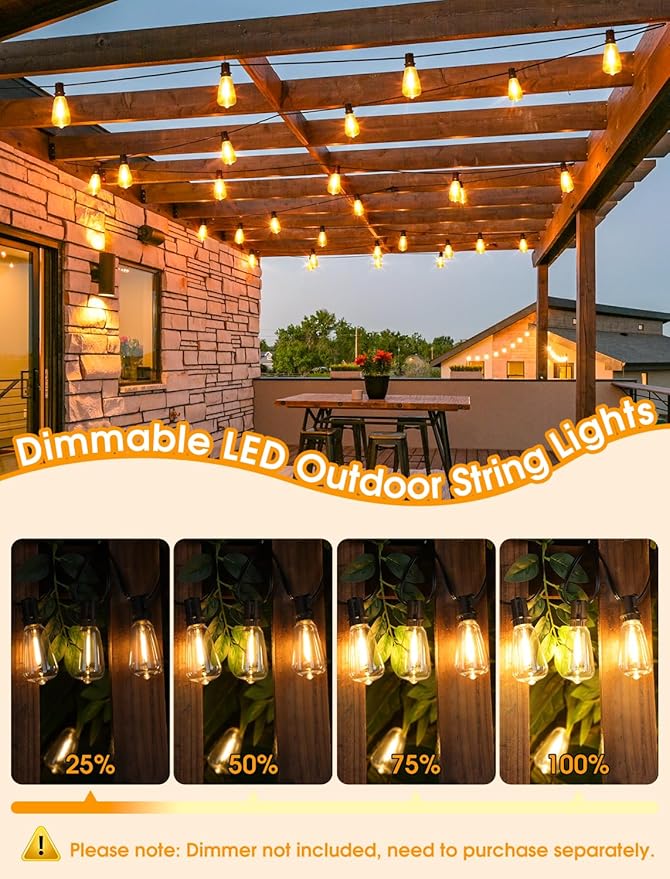 Larkvue 50FT(2x25FT) Outdoor String Lights, Patio Lights with 20+2 LED Dimmable Waterproof ST38 Vintage Bulbs for Backyard Bistro Cafe Deck, Black