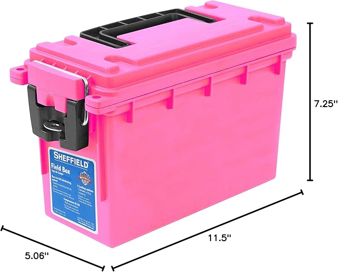 Sheffield 12631 Ammo Storage Box, Stackable .30 Cal Field Boxes, Water and Dust Resistant, Lockable Storage Box with Handle, Secures Hunting Gear, Supplies, and Bullets, Made in USA, Pink, (Pack of 6)