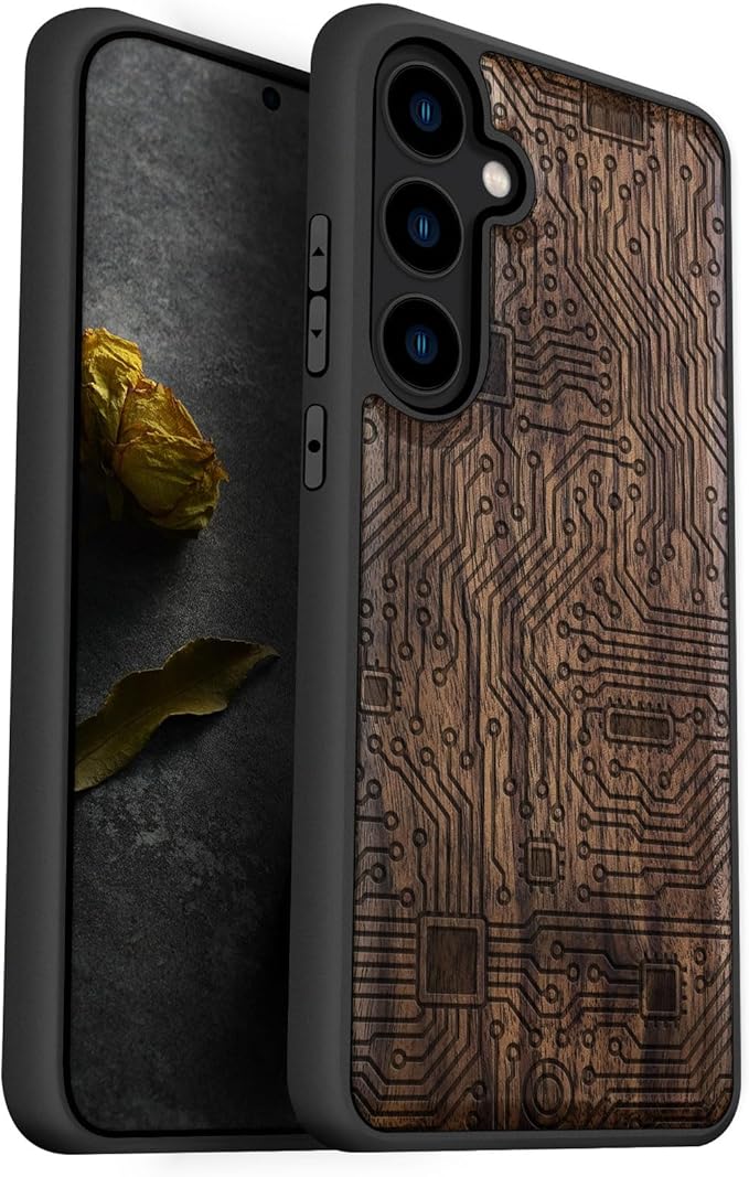 Carveit Wood Case for Galaxy S24 Plus Case [Natural Wood & Black Soft TPU] Shockproof Protective Cover Unique Wooden Design Compatible with S24 Plus (Motherboard-Walnut)
