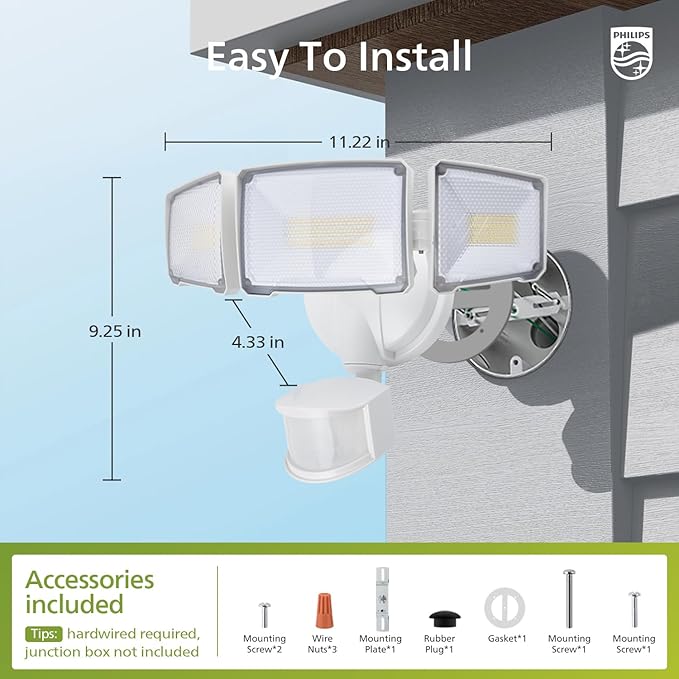 Philips 72W 7400LM LED Security Lights w/PIR Motion Sensor Outdoor, 5000K Daylight Dusk to Dawn Aluminum Flood Light, 3 Adjustable Heads, Waterproof for Garage, Yard, Porch