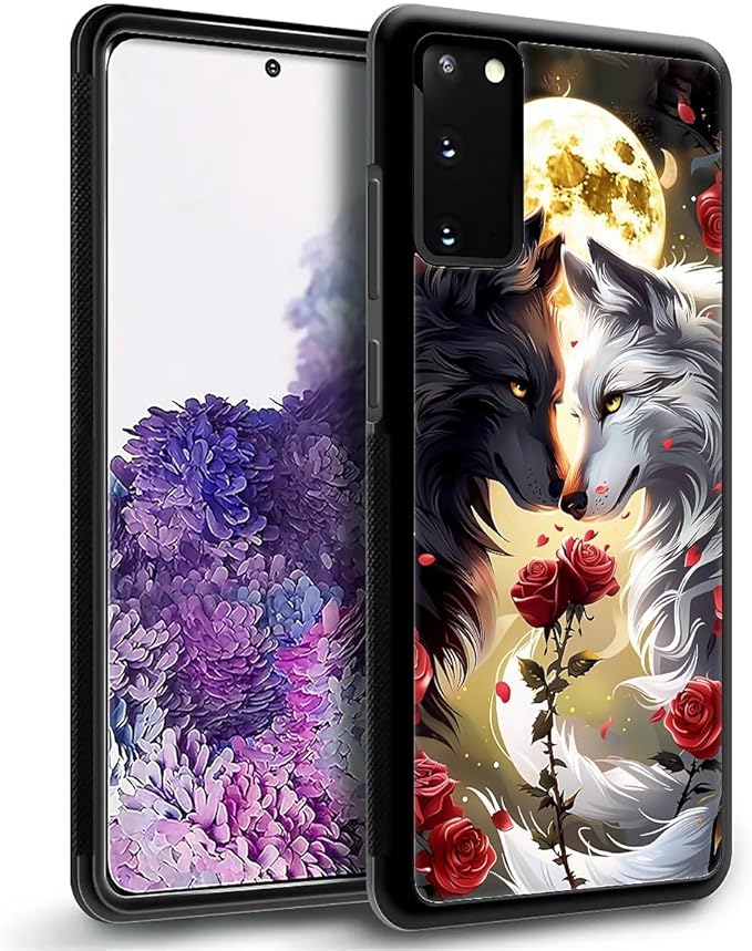 for Samsung Galaxy S20 Case, Black White Wolf Moon Flower Rose Pattern Graphic Design Girl Boy Soft Silicone Hard Acrylic Shock Protection for Samsung Galaxy S20