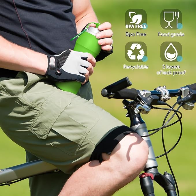 Collapsible Lightweight 20oz Water Bottle, Food-Grade Silicone BPA Free, Foldable Portable Leak Proof Office Travel Cycling Sports Outdoor Water Bottle with Vertical Hook (green, long nozzle)