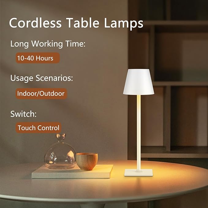 Fizrice Cordless Table Lamp Rechargeable Lamps: 6000mAh Battery Operated Table Lamp Outdoor Waterproof, Touch Control, Portable Wireless Desk Lamp for Dinner/Bedroom/Restaurant （White2 Pack