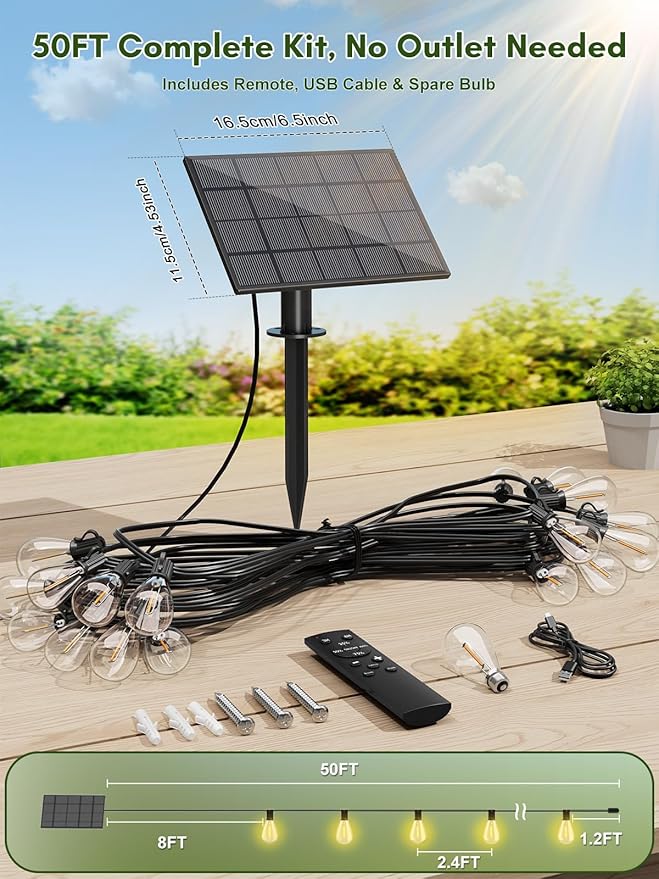 50FT Solar String Lights Outdoor Waterproof, 18+1 LED Solar Powered Lights with Remote Control, 3 Light Modes & Dimmable, USB-C Charging for Patio, Backyard, Garden, Camping