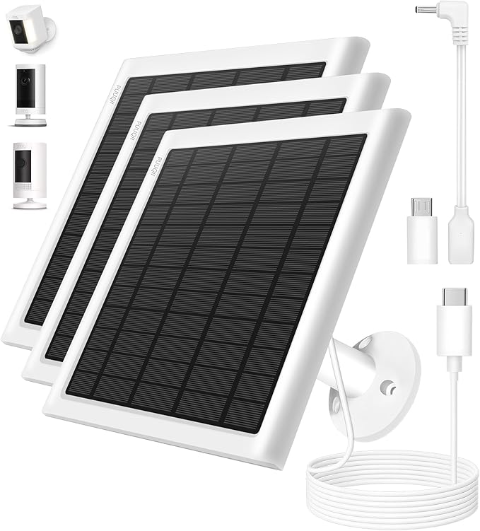 8W Solar Panel for Ring Camera, 3-Pack Solar Panel Charger Compatible with Ring Stick Up Cam Battery, Spotlight Cam Battery, Includes Barrel Plug to USB-C Adapter, IP65 Waterproof, 10ft Cable