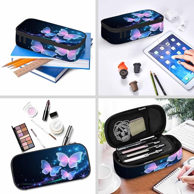 Glowing Butterflies Pencil Bag Sparkle Stars Bright Dark Blue Big Capacity Pencil Case Pencil Pouch Pen Bag School Students Boy Girl